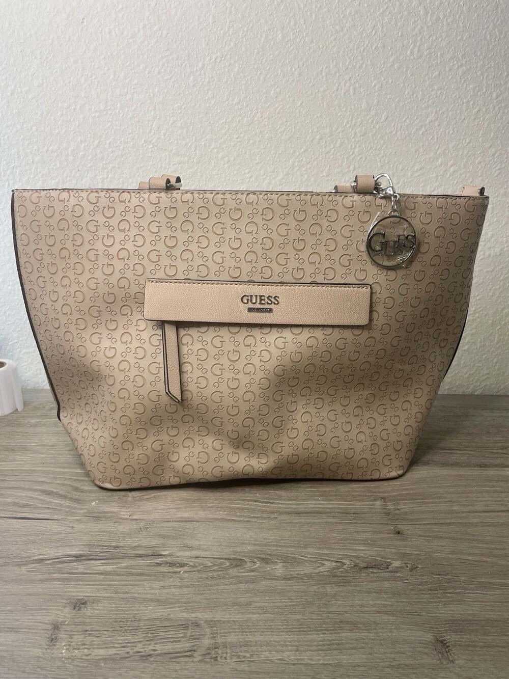 Authentic GUESS Kallman Logo Debossed Tote Bag - Light Brown Monogram